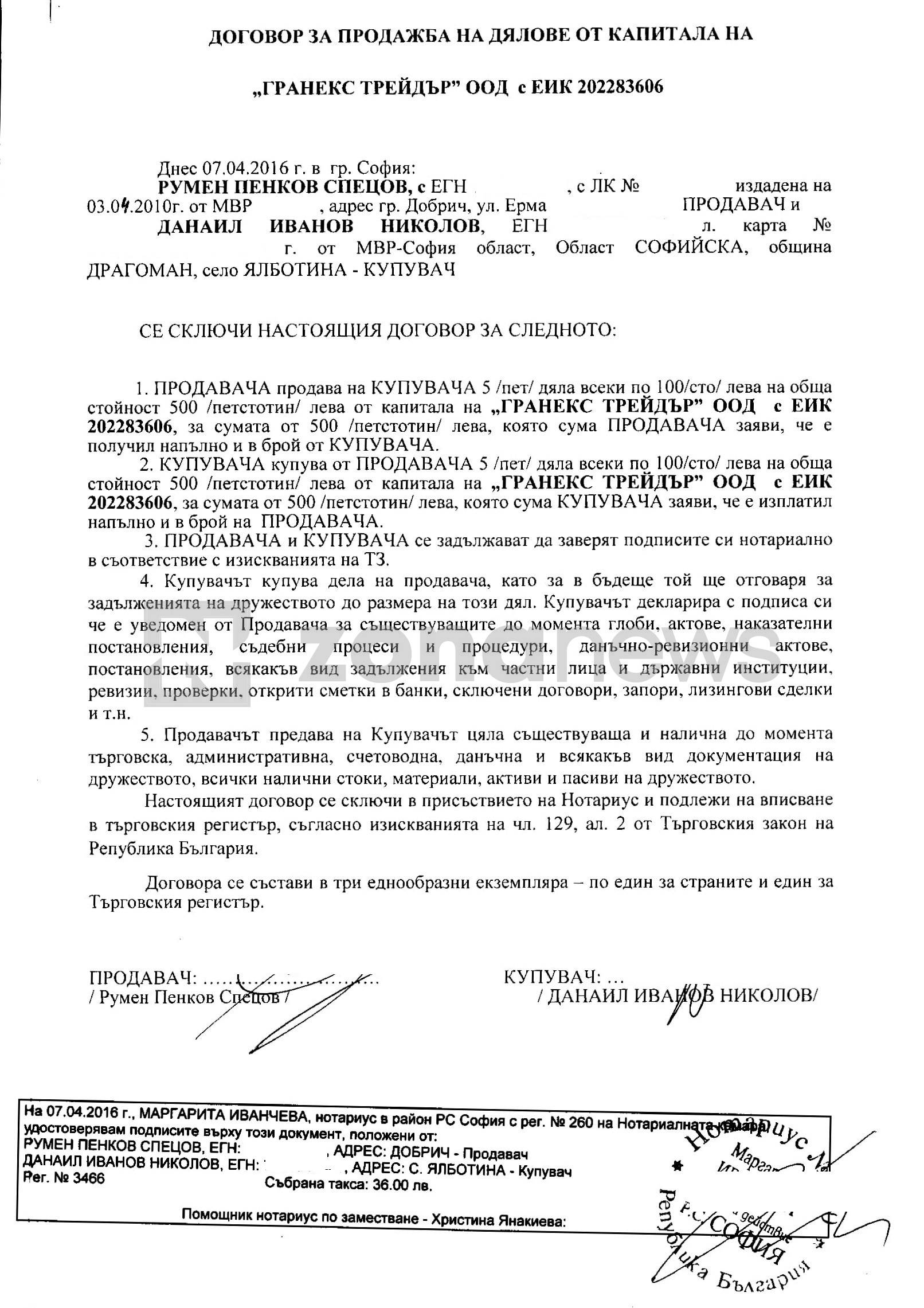 Договор за прехвърляне на Гранекс Трейдър от Румен и Слава Спецови на Данаил Николов
